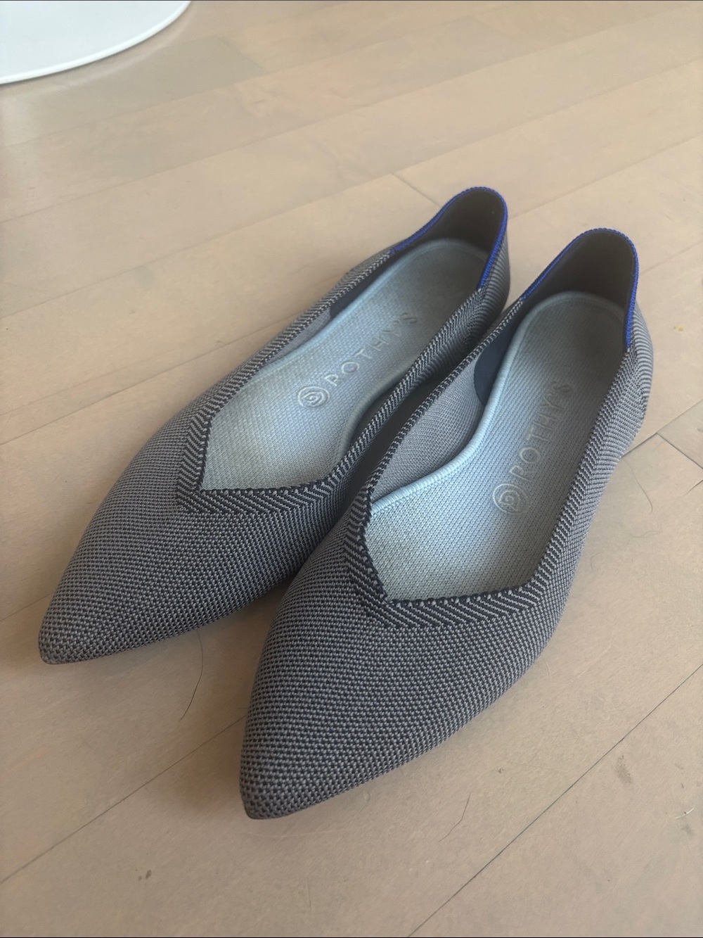 Rothy's Pointed Knit Ballet Flats in Charcoal Gray with Blue Trim